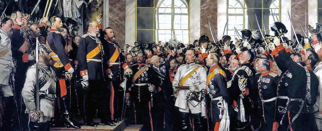  
„Die Proklamierung des deutschen Kaiserreiches am 18. Januar 1871 im Spiegelsaal von Schloss Versailles“, Anton von Werner, 1885. Bismarck-Museum
