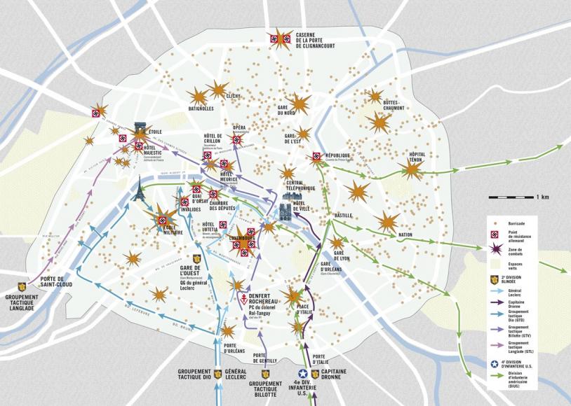 Carte des barricades et des combats, Paris, août 1944. 