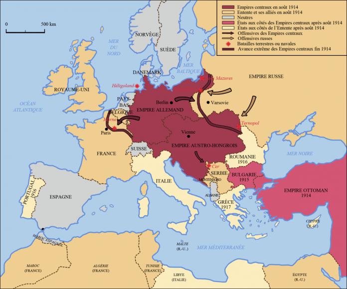 Les fronts ouest et est en Europe, 1914.