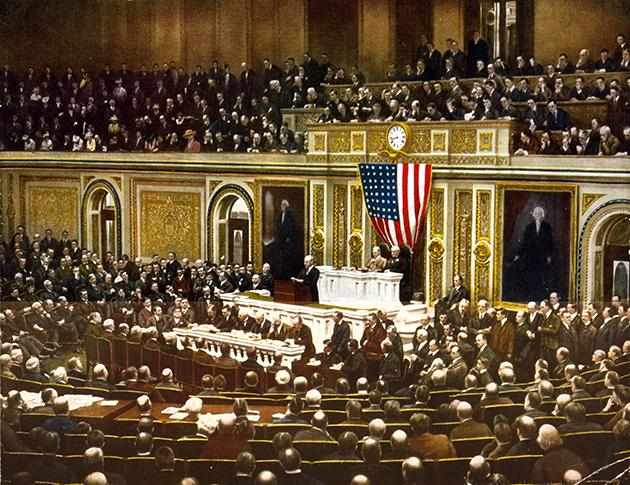 Discours du président américain Woodrow Wilson exhortant le Congrès à déclarer la guerre à l'Allemagne, Washington, 2 avril 1917