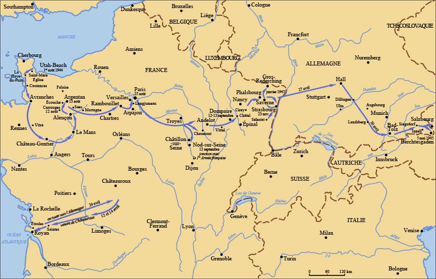 Itinéraire de la 2e DB, du débarquement à Berchtesgaden. © Ministère de la défense/SGA/DMPA/Joëlle Rosello Itinéraire de la 2e DB, du débarquement à Berchtesgaden.
