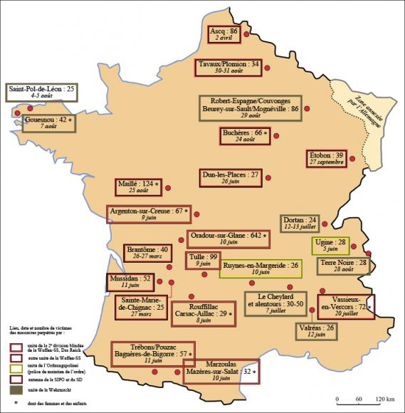 Lieu, date et nombre de victimes de massacres perpétrés par les troupes allemandes. © Ministère de la défense/SGA/DMPA/Joëlle Rosello Lieu, date et nombre de victimes de massacres perpétrés par les troupes allemandes.