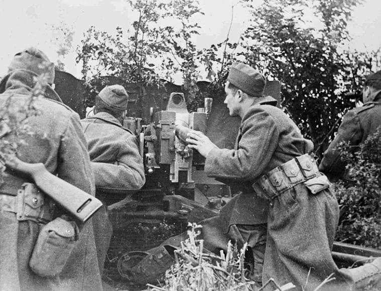 Artilleurs de la 2e DB en poste derrière leur canon antichar camouflé lors de la progression de l'unité dans la Manche, août 1944.