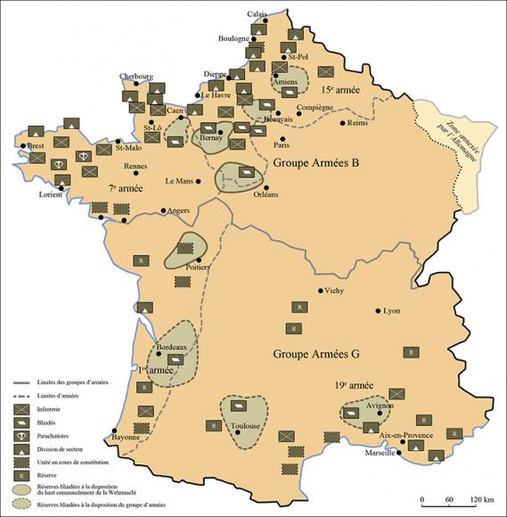 Organisation des troupes terrestres allemandes à la veille du débarquement du 6 juin 1944. © Ministère des armées/SGA/DPMA/Joëlle Rosello Organisation des troupes terrestres allemandes à la veille du débarquement du 6 juin 1944.
