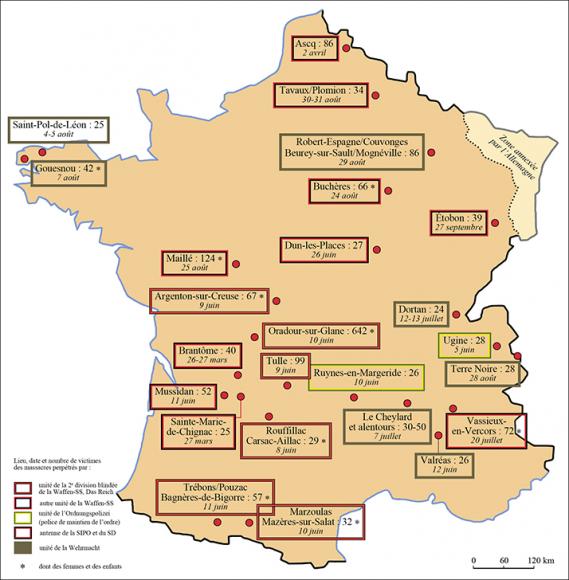 Lieu, date et nombre de victimes de massacres perpétrés par les troupes allemandes. © Ministère des armées/SGA/DPMA/Joëlle Rosello Lieu, date et nombre de victimes de massacres perpétrés par les troupes allemandes.