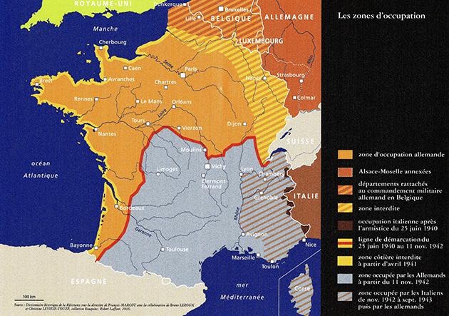 Carte de la France démantelée au lendemain de la signature des conventions d’armistice avec l’Allemagne et l’Italie - © Musée de la Libération de Paris musée du général Leclerc musée Jean Moulin/ Latitude-Cartagène