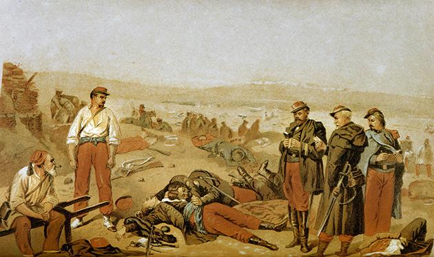 Un médecin prend en charge des blessés à même le champ de bataille lors de la guerre franco-prussienne de 1870