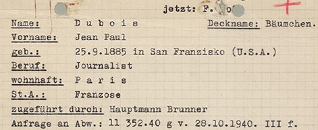 Fiche d’identification à l’Abwehr de Jean-Paul Dubois alias Bäumchen, sans date.