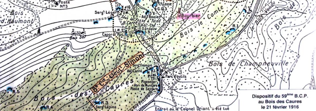 Karte des Waldes von Caures, mit Angabe der Positionen der Gebirgsjäger am 21. Februar 1916. Quelle: Museum Emile Driant.