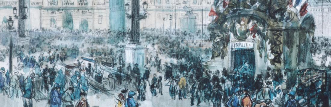 Aquarelle de Frank Myers Boggs. Armistice Day, Paris - 1918. Source : domaine public