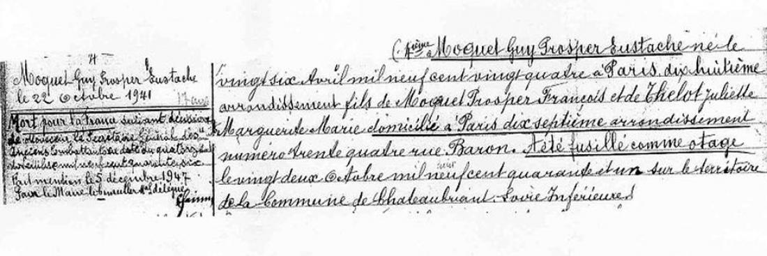 Acte de décès de Guy Môquet, comportant la mention marginale « Mort pour la France. 
