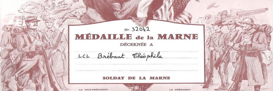 Diplôme de la Médaille de la Marne décerné au Lieutenant-colonel Brébant.