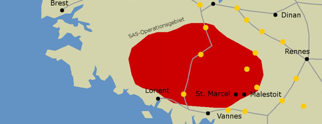 Zone d'opérations des SAS et des maquis en Bretagne. Source : GNU Free Documentation License.