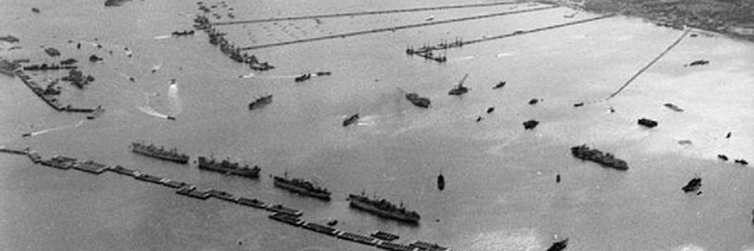 Aerial view of Mulberry artificial harbour at Arromanches, September 1944. Source: Imperial War Museum