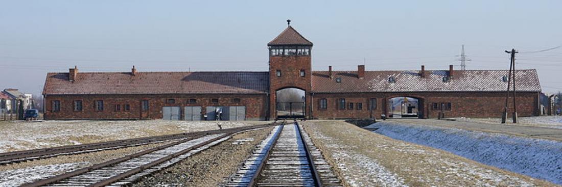 Entrée de camp allemand nazi Birkenau (Auschwitz II), vue depuis l'intérieur du camp. Source : Libre de droit