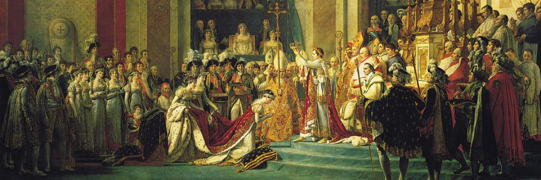 The Coronation of Napoleon by Jacques-Louis David - This scene shows the moment when Napoleon takes the imperial crown from the hands of Pius VII to place it on his wife's head the Empress Josephine.
