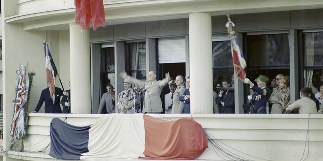 General de Gaulle making his speech from the balcony of the general government building in Algiers, 4 June 1958.