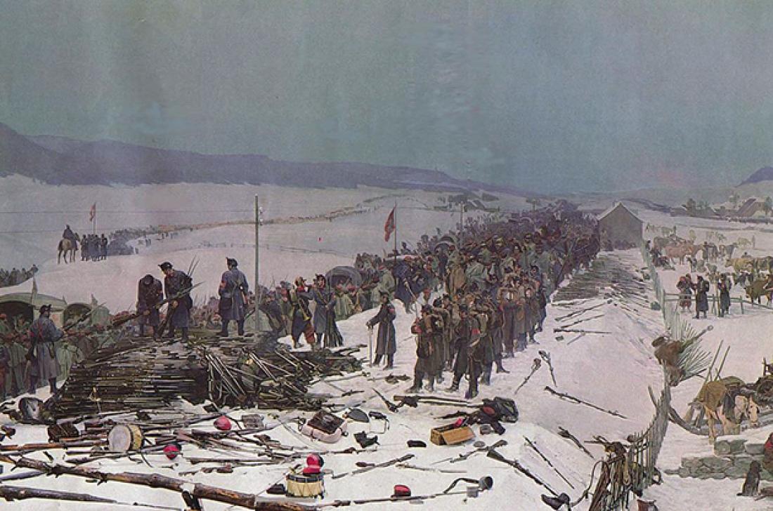 Ausschnitt aus dem Panorama, das die Internierung der Bourbaki-Armee in der Schweiz zeigt, Édouard Castres, 1881-1885. Museum in Luzern.